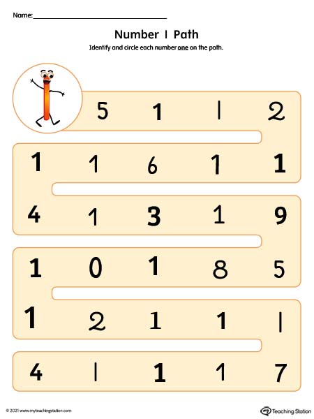 Number recognition worksheet with different variations of the number one. Available in color.