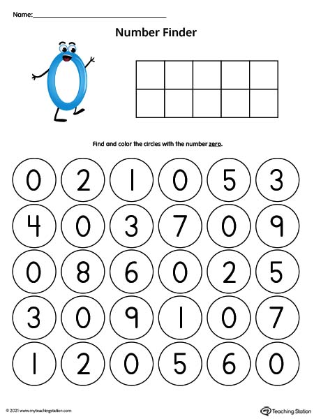 Find number zero printable worksheet. Search and find worksheets are a great way for kids to practice number recognition. Available in color.