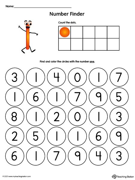 Number Recognition Worksheet: Find the Number 1 (Color)
