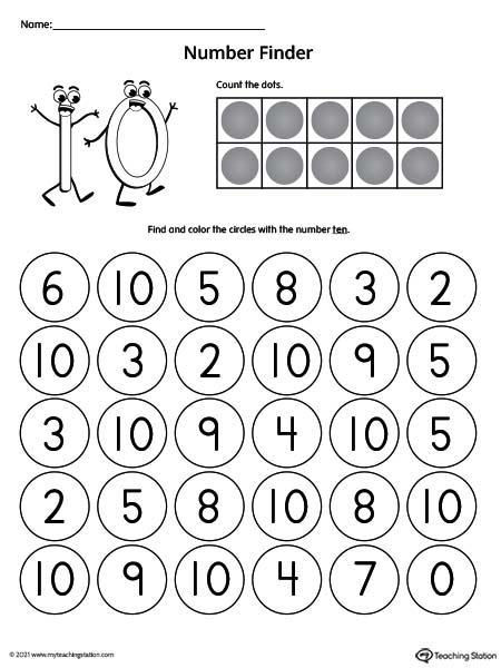 Search and find number ten printable worksheet.