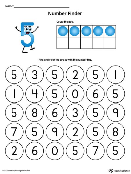Find number five printable worksheet. Search and find worksheets are a great way for kids to practice number recognition. Available in color.