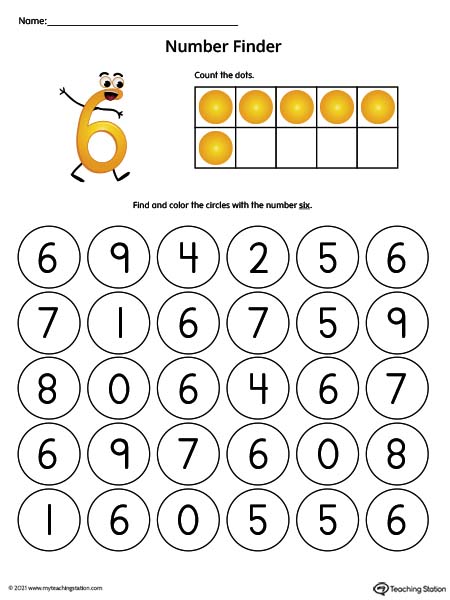 Number Recognition Worksheet: Find the Number 6 (Color)
