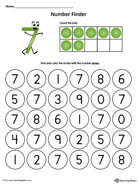 Find number seven printable worksheet. Available in color.