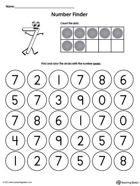 Number Recognition Worksheet: Find the Number 7