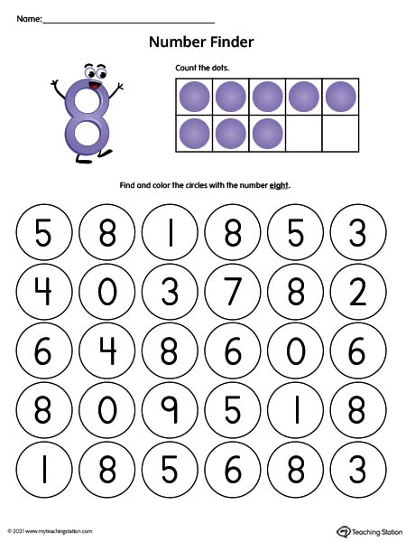 Number Recognition Worksheet: Find the Number 8 (Color)