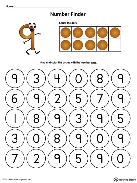 Number Recognition Worksheet: Find the Number 9 (Color)