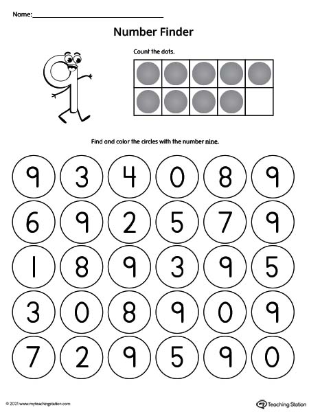 Search and find number nine printable worksheet.