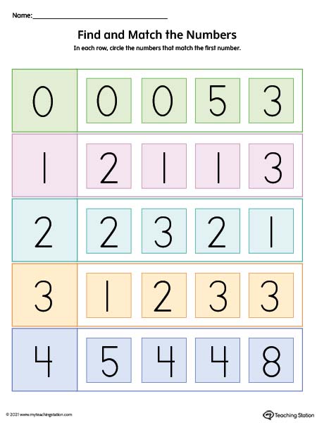 Find and Match the Numbers Worksheet (Color)