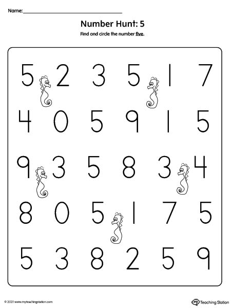 Number Recognition Worksheet: Find and Circle Number 5