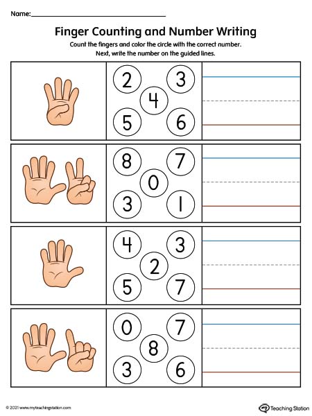 Finger Counting 1-10 and Number Writing Worksheet (Color)