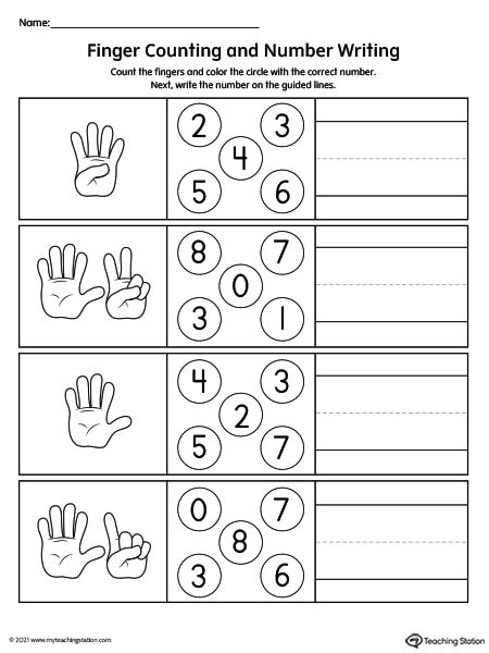 Finger counting numbers 1-10 worksheet for kindergarteners.