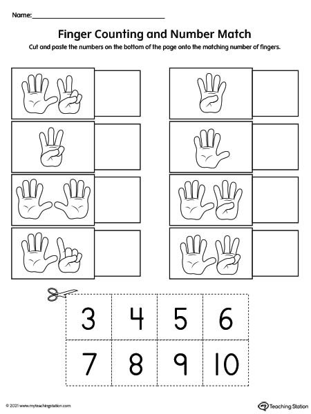 Cut and paste number match printable worksheet using finger counting hand pictures.
