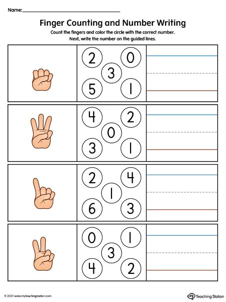Finger Counting and Number Writing Worksheet (Color)