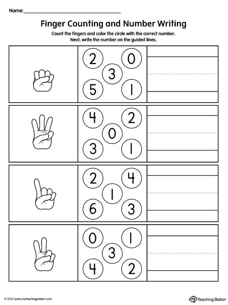 Finger counting and number writing worksheet for preschool kids.