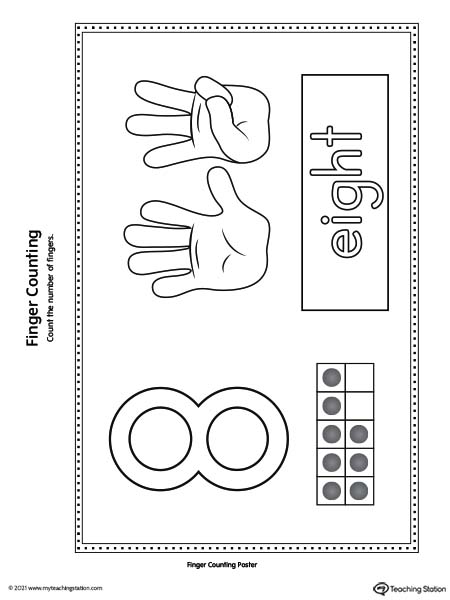 Finger counting number poster cards printable. Numbers 1 through 10 printable posters. Featured number 8.
