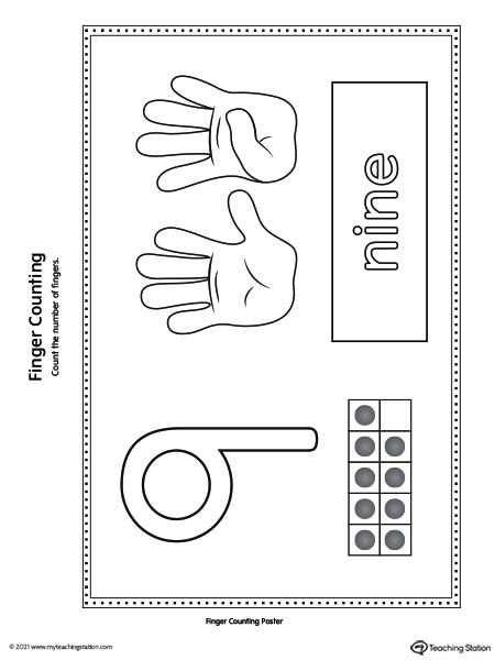Finger counting number poster cards printable. Numbers 1 through 10 printable posters. Featured number 9.