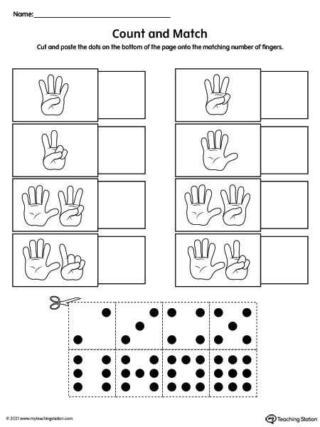 Finger counting and number match worksheet for preschool kids.