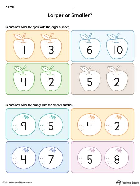 Larger vs. Smaller Number Comparison Worksheet for Preschool (Color)