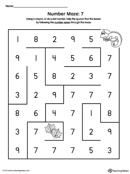 Number seven maze printable activity for preschool kids.