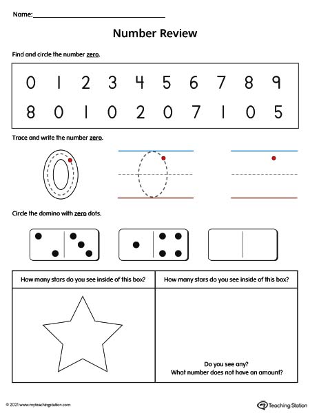 Practice number formation, tracing, counting, ten-frame number recognition, and number variation in this action-packed number 0 review worksheet. Available in color.
