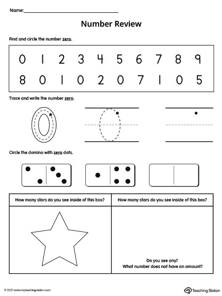 Number 0 Review Worksheet | MyTeachingStation.com