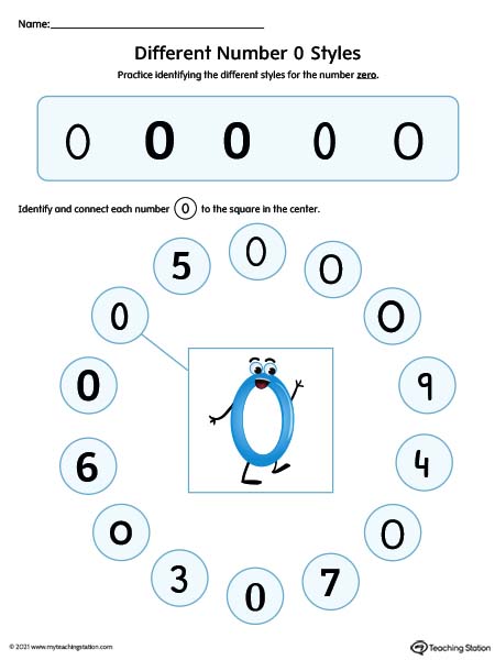 Help kids identity possible styles of the number zero by understanding how numbers can have different variations. Available in color.