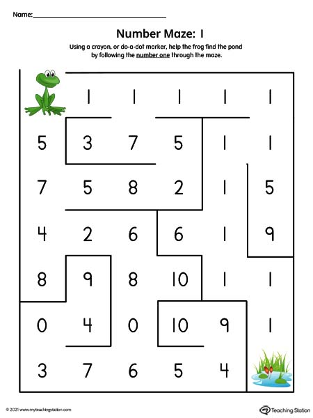 Preschool number one maze printable for kids. Available in color.