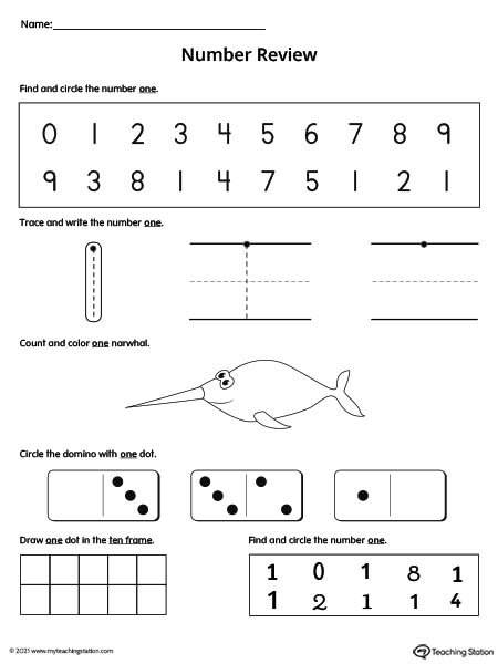 Practice number formation, tracing, counting, ten-frame number recognition, and number variation in this action-packed number 1 review worksheet.
