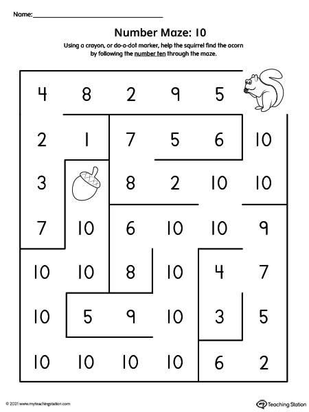 Number Maze Printable Worksheet: 10