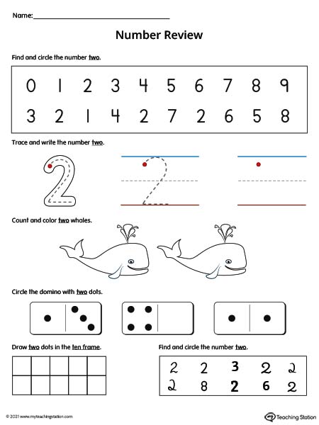 Practice number formation, tracing, counting, ten-frame number recognition, and number variation in this action-packed number 2 review worksheet. Available in color.