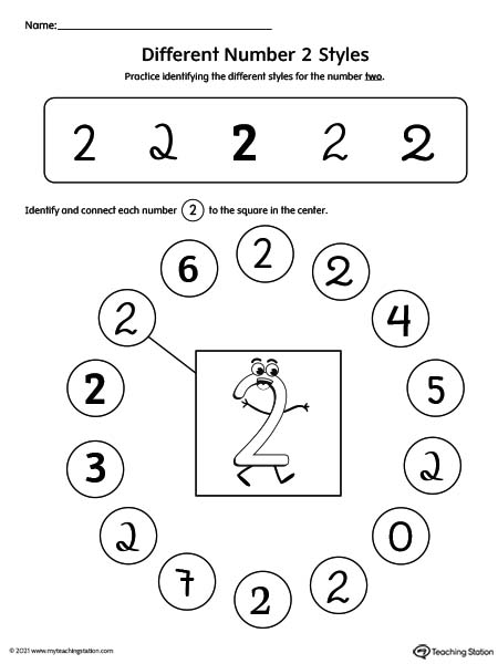 Help kids identity possible styles of the number two by understanding how numbers can have different variations.