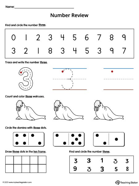 Practice number formation, tracing, counting, ten-frame number recognition, and number variation in this action-packed number 3 review worksheet. Available in color.