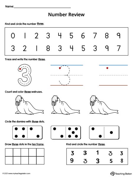 Number 3 Review Worksheet (Color)