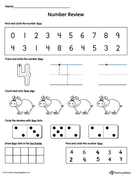 Practice number formation, tracing, counting, ten-frame number recognition, and number variation in this action-packed number 4 review worksheet. Available in color.