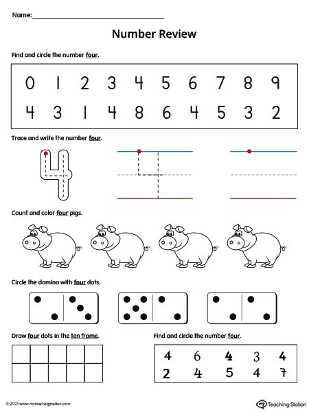 Number 4 Review Worksheet (Color)