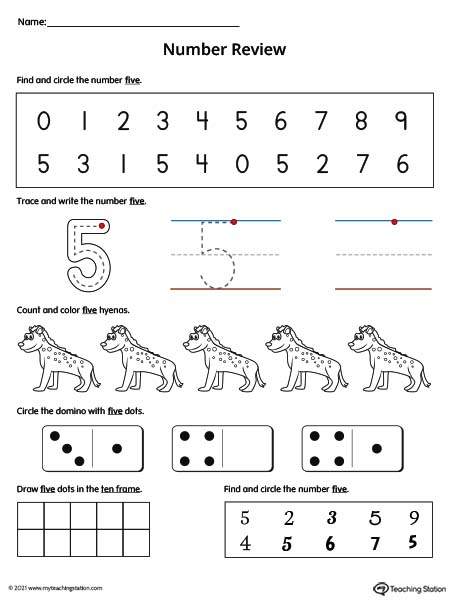 Practice number formation, tracing, counting, ten-frame number recognition, and number variation in this action-packed number 5 review worksheet. Available in color.