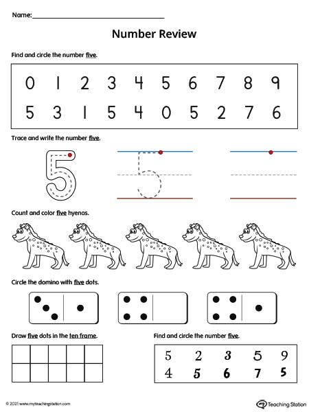 Number 5 Review Worksheet (Color)