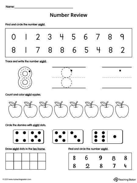 Practice number formation, tracing, counting, ten-frame number recognition, and number variation in this action-packed number 8 review worksheet.