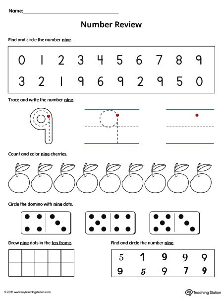 Number 9 Review Worksheet (Color)