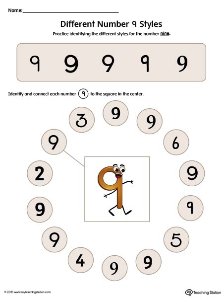 Help kids identity possible styles of the number nine by understanding how numbers can have different variations. Available in color.