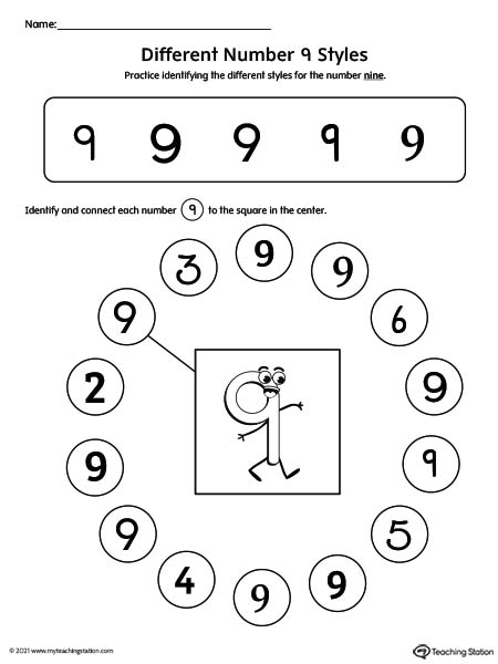 Help kids identity possible styles of the number nine by understanding how numbers can have different variations.