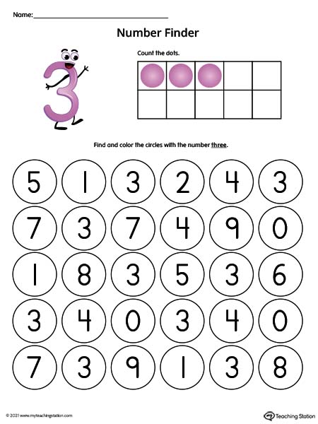 Practice number recognition with this Number Finder printable worksheet. Featuring number three. Available in color.