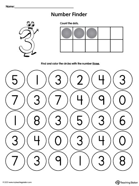Practice number recognition with this Number Finder printable worksheet. Featuring number three.