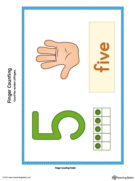 Finger counting number poster cards printable. Numbers 1 through 10 printable posters. Featured number 5. Available in color.