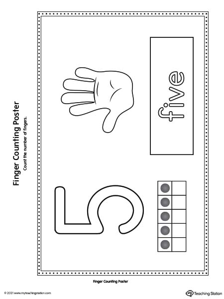 Finger counting number poster cards printable. Numbers 1 through 10 printable posters. Featured number 5.