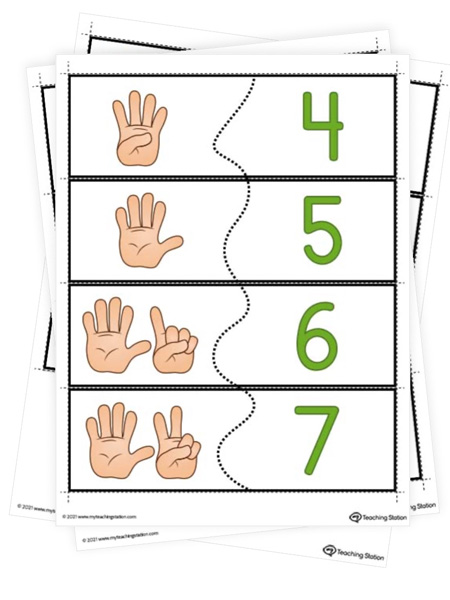 Numbers 1-10 printable puzzle featuring finger counting pictures for pre-k and kindergarteners. Available in color.