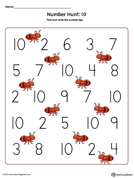 Number Recognition Worksheet: Find and Circle Number 10 (Color)