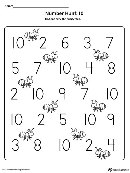 Number ten hunt printable worksheet for kids.