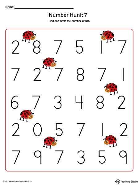 Number hunt preschool printable worksheet. Featuring number seven. Available in color.