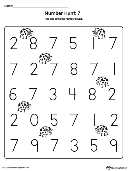 Number hunt preschool printable worksheet. Featuring number seven.